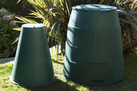 green cone and green johanna bins in garden 