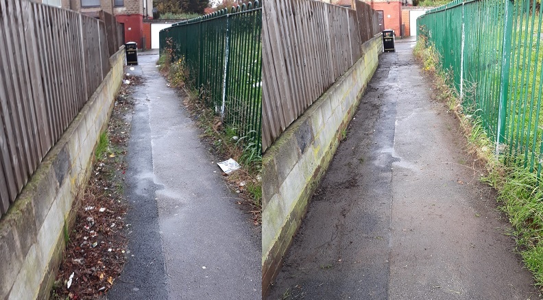Before & after of ginnel cleared of detritus 