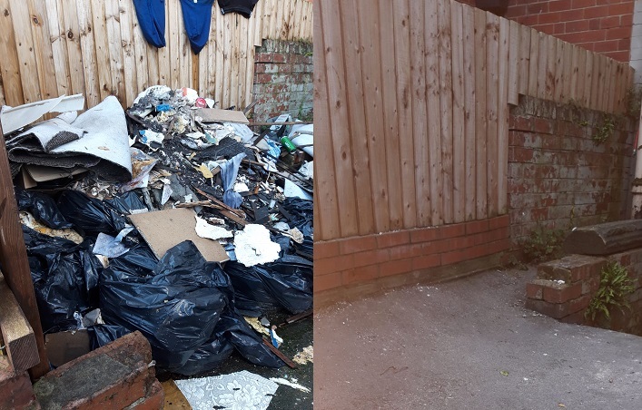 Waste in garden, before/after