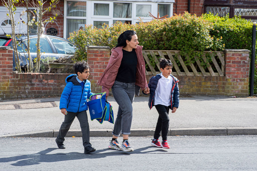 A family walking to school