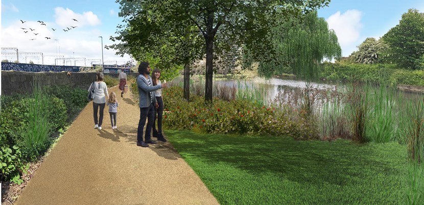 CGI image of the completed Leeds waterside pocket park. A pond is surrounded by greenery and trees with families enjoying the park.