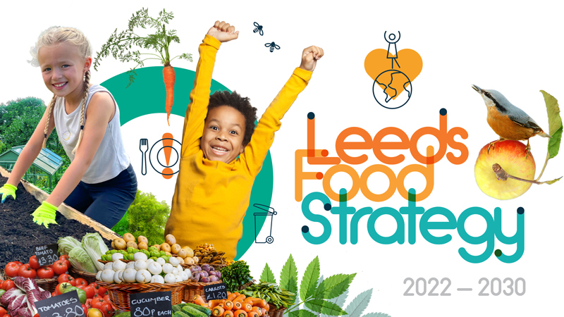 Graphic promoting the Leeds Food Strategy showing happy children and photos of fruit.