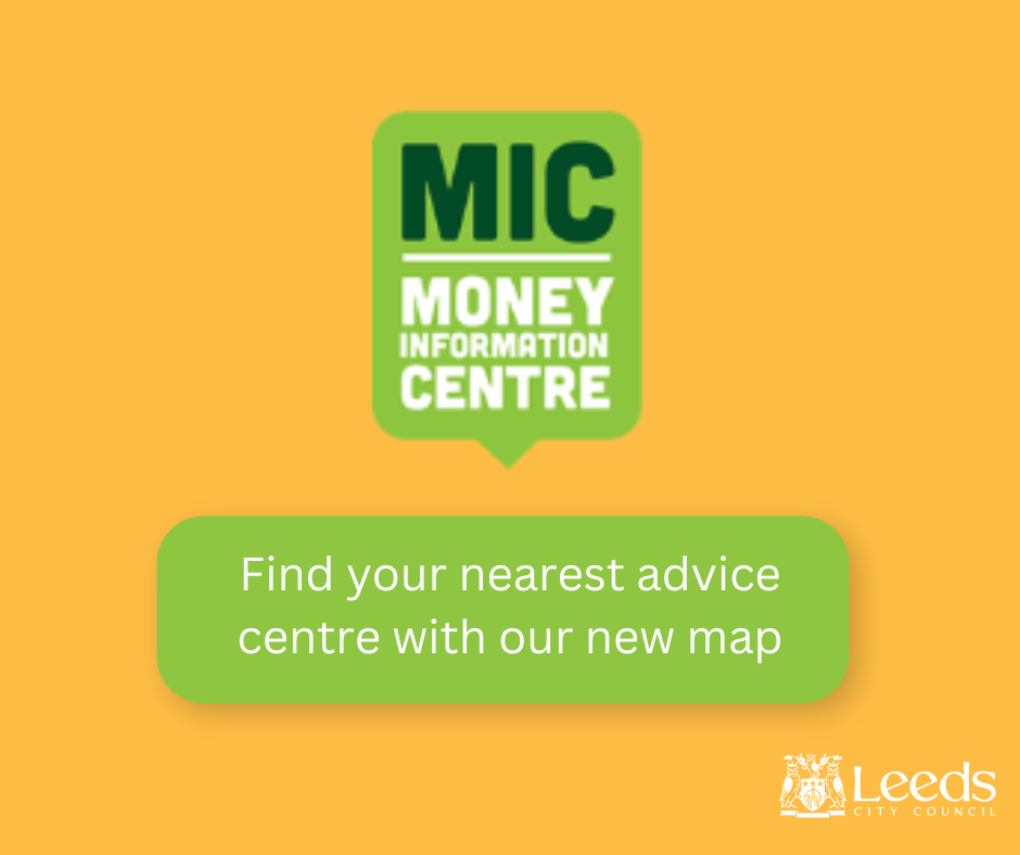 Leeds Money Information centre logo and the text - find your local advice hub