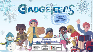 The Gadgeteers waving with a wintery background