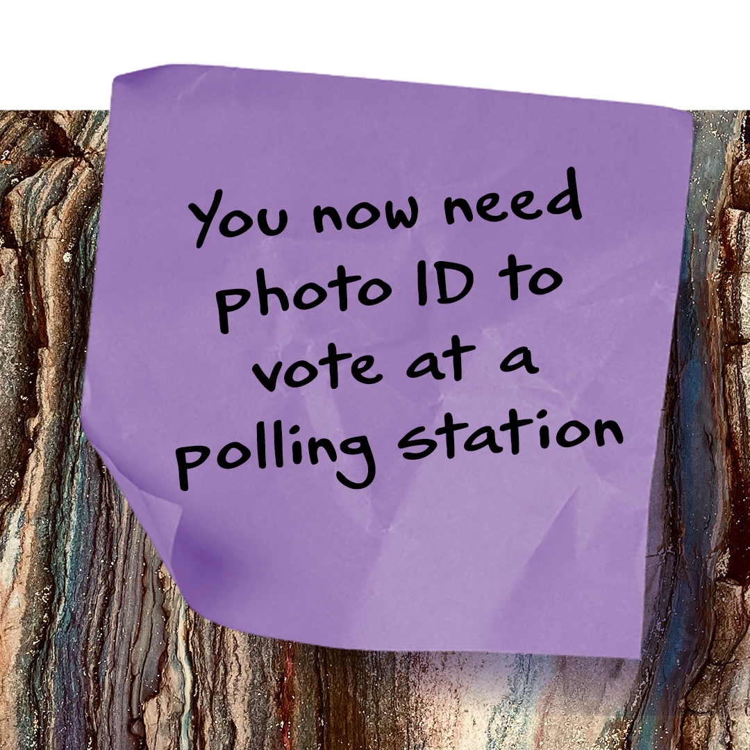 A graphic promoting the need for people to take photographic identification when they vote.