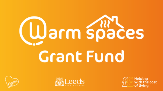 A graphic promoting the Warm Spaces grant fund.