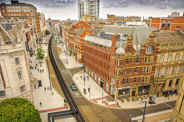 Composite image showing route of Leeds PIPES network along The Headrow, Leeds