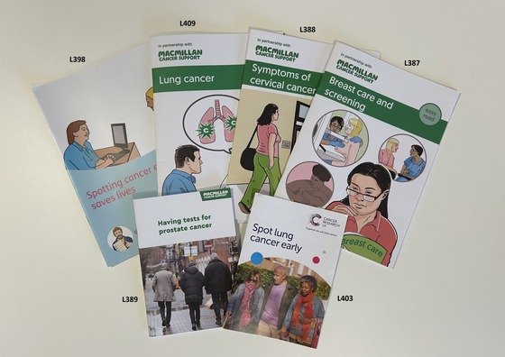 Photo of 6 leaflets on cancer topics with order numbers