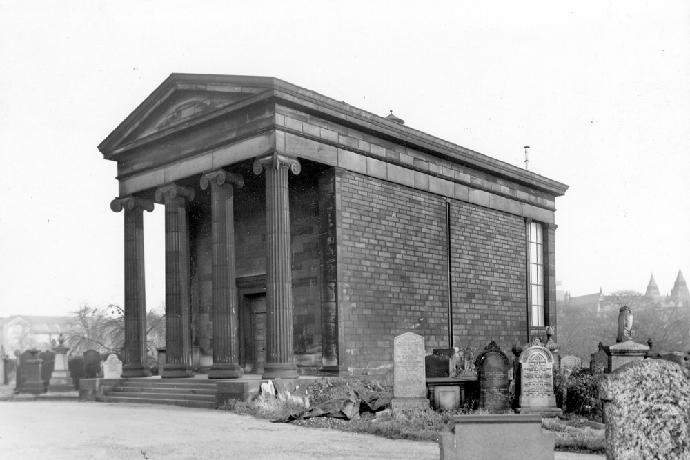 Black and white photograph showing a Chapel building at a Cemetery 