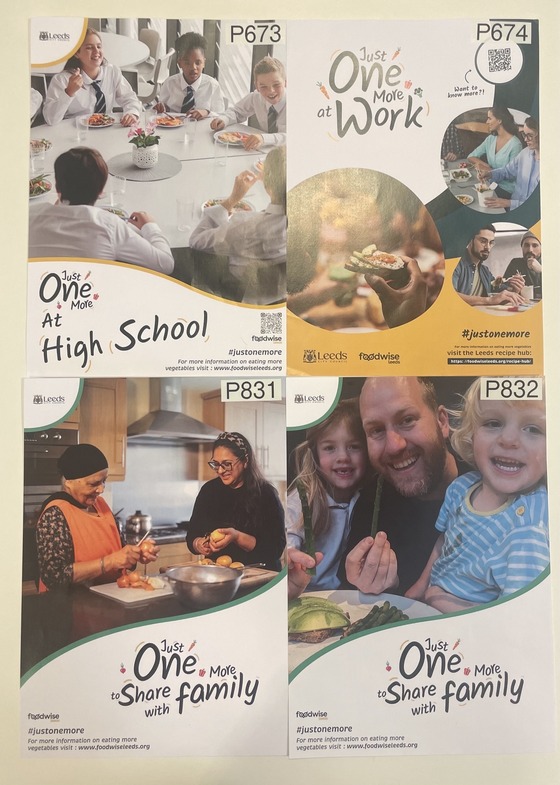 4 posters are show of different groups of people in different settings eating vegetables