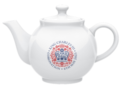 White teapot decorated with Coronation logo