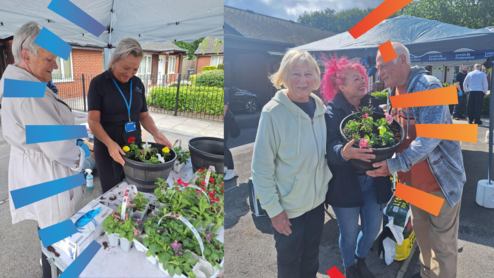 People holding hanging baskets 