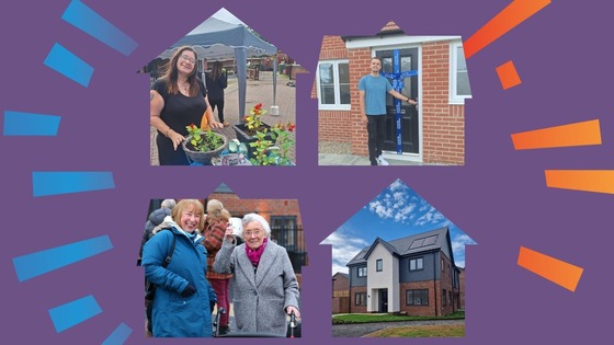 Graphic illustration with house shaped outlines and photos inside