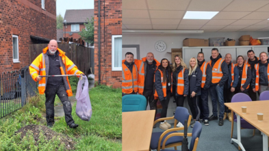 A man litter picking and people stood in high vis jackets in a line