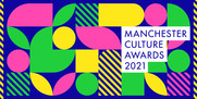 Manchester Culture Awards 2021 blue background multi coloured shapes