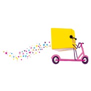 Yellow book riding a pink scooter.