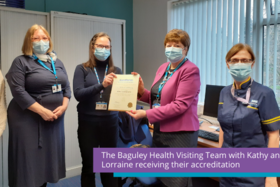 Baguley Health Visiting team pictured with pictured with Kathy Cowell OBE, Group Chair for MFT and Lorraine Ganley, LCO Director of Nursing