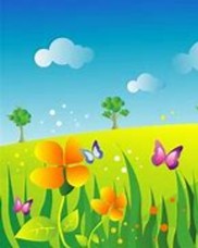 Blue sky with green fields, butterflies and flowers