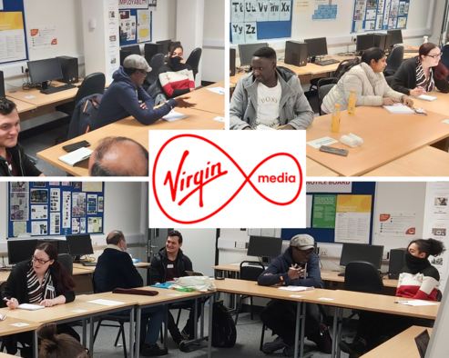 collage of learners in a classroom with Virgin Media logo