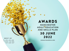 gold trophy with black text: Manchester Adult Education and Skills Awards 2022