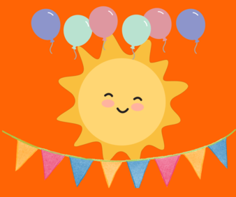 cartoon of sun, balloons and bunting