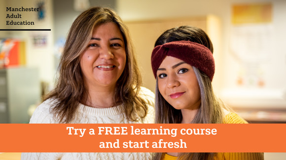 Image with two women. Text reads 'try a free learning course and start afresh'.