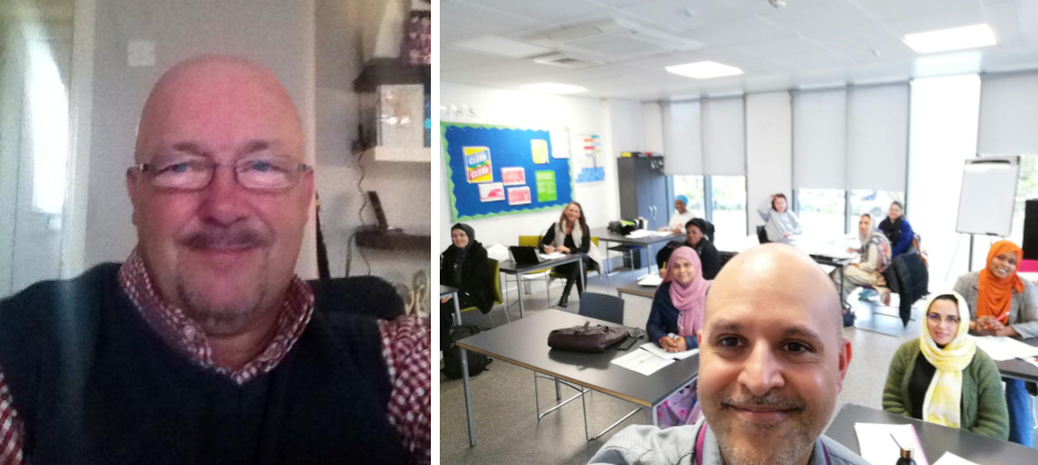 a smiling man. His name is Paul Kelly & a second image of Paul's tutor Arfan in a classroom with learners.