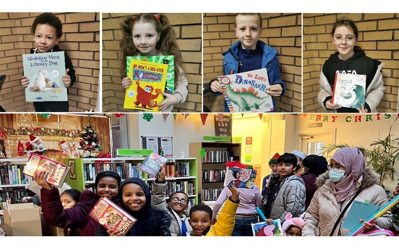 Images of children looking happy and holding books