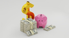 an image of a piggy bank next to a pile of money. 