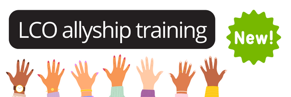 Allyship training in black text and on white decorative background