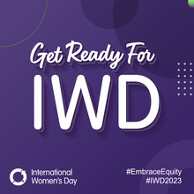 Get ready for IWD in white text on a purple decorative background