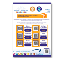 A copy of the Rewards and Benefits poster promoting information sessions for staff