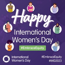 Happy International Women's Day 2023 in text on a decorative background