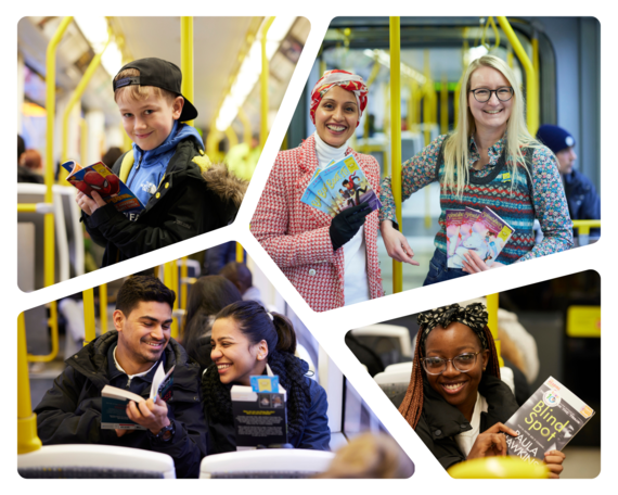 Various images of people on trams with World Book Day books