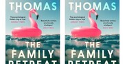 Cover of paperback book the Family Retreat, showing an inflatable flamingo swim ring floating on water.