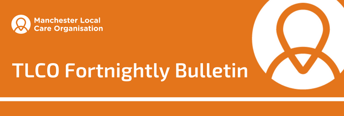 TLCO fortnighlty staff bulletin in white text on an orange decorative background