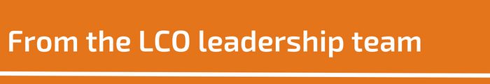 LCO leadership team in white text on a decorative orange background