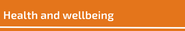 Health and wellbeing in white text on a decorative orange background