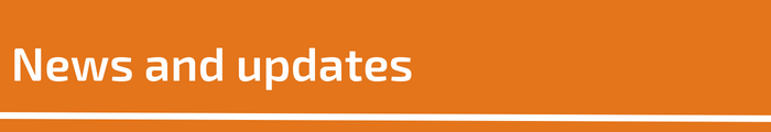 News and updates in white text on a decorative orange background