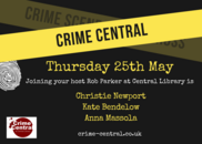 Crime Central poster showing crime scene tape and a fingerprint with the names of the authors typed like a police report.