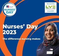 Nurses' Day 2023 in text on a navy and orange decorative background