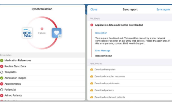 A screenshot showcasing the synchronisation issues within EMIS Mobile