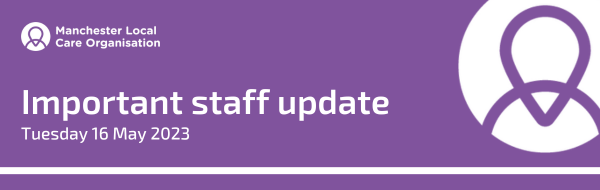 Important staff update in white text on an purple decorative background