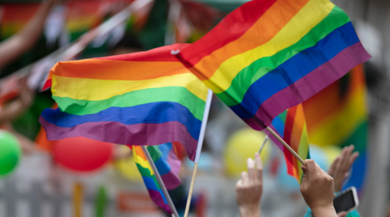 A collection of people waving pride flags