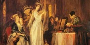 Oil painting of a Bride preparing for her wedding, 1785, (painting title: Bride at her toilet on the day of her wedding)