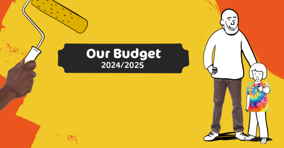 Budget 2024 to 2025. Illustration of a grandparent and child.