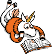 Cartoon picture of a unicorn relaxing and reading a book