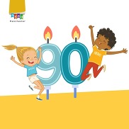 Cartoon image of 90th birthday candles with two children celebrating on  either side