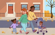 Cartoon image of family: Mum, Dad and two children walking along the street