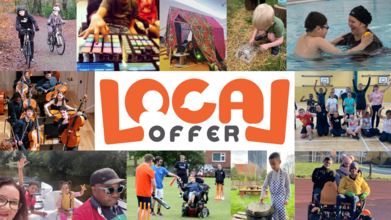 Collage of children and families doing a range of activity, like cycling and music-making